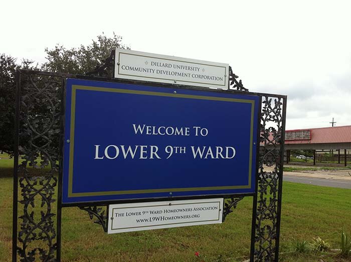 A sign welcoming visitors to the Lower Ninth Ward, the New Orleans community devastated by floodwaters from Hurricane Katrina when the federally builty levees failed in August 2005.